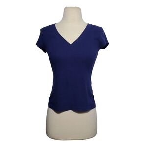 Zenana Outfitters Women Tops Short Sleeve Navy Blue V-Neck Short Sleeve Tee-S